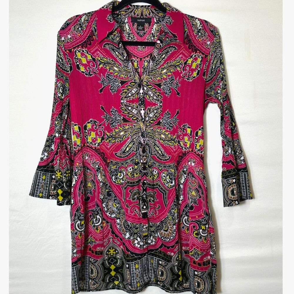 Alfani Women's Career Paisley Pleated Tunic Blouse Size 8 Bell Sleeves Collared